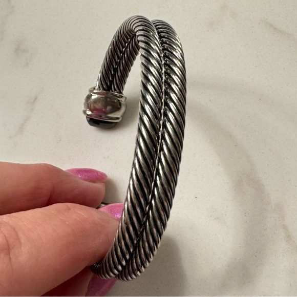 Cable Cuff Bracelet with Black Crystals and CZ, Silver Tone Adjustable Open Cuff - Picture 15 of 16